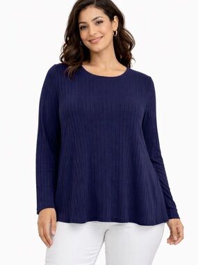 Preppy Classic Ribbed Tunic Top Stretch Long Sleeve Minimalist Navy Blue Size 16